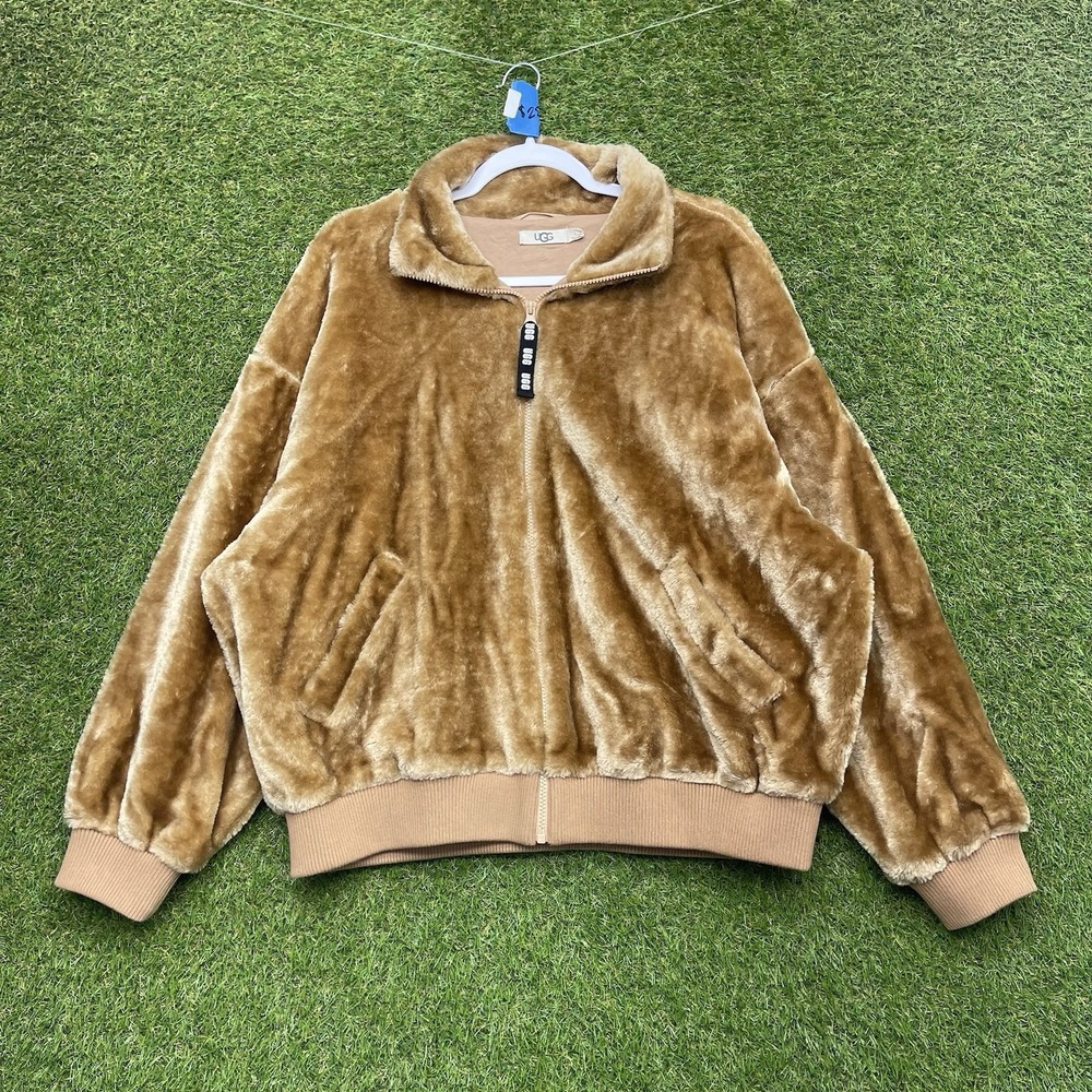 UGG Laken Faux Fur Jacket Womens Large Zip Up Velour Velvet Soft Brown Suede